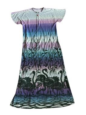 Vintage 70s Terry Cloth Maxi Dress Flamingo Novelty Print Zip Front Robe S/M -